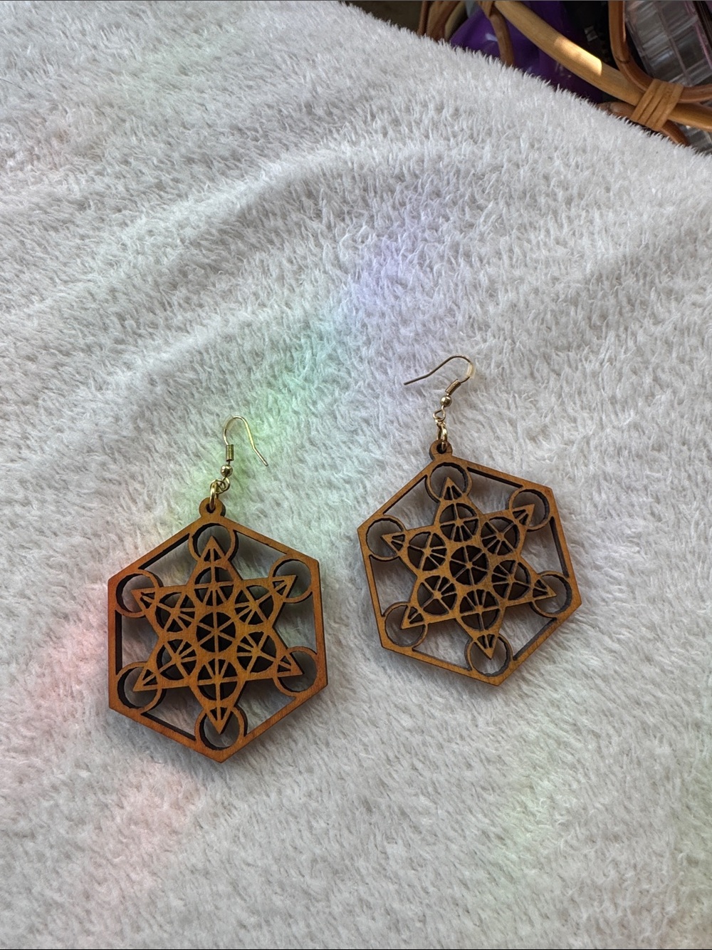 Geometric Hexagon Wooden Drop Earrings in Brown